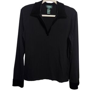 RALPH LAUREN VTG Knit Top With Velvet Collar And Cuffs Black Classic‎ Size Large